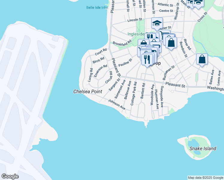 map of restaurants, bars, coffee shops, grocery stores, and more near 62 Sargent Street in Winthrop