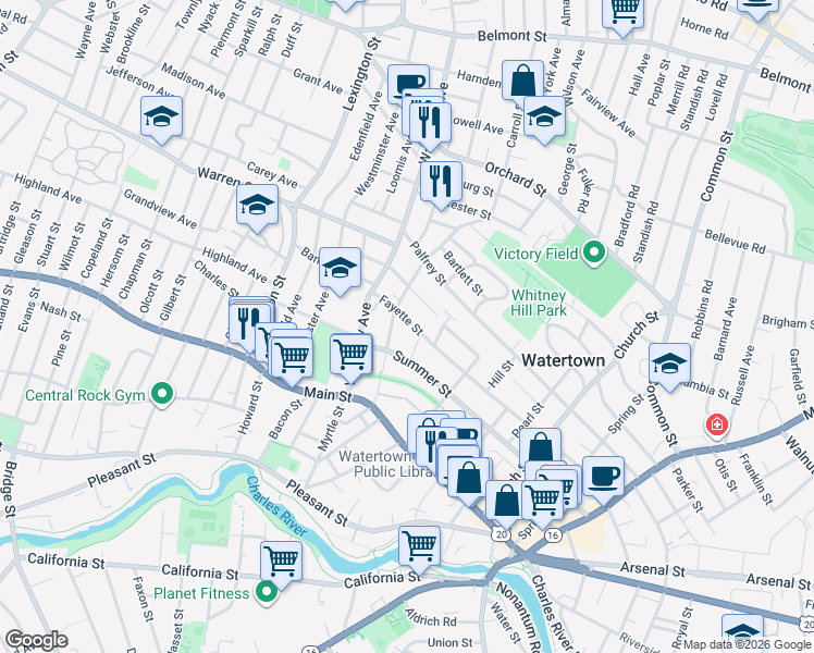 map of restaurants, bars, coffee shops, grocery stores, and more near 163 Fayette Street in Watertown