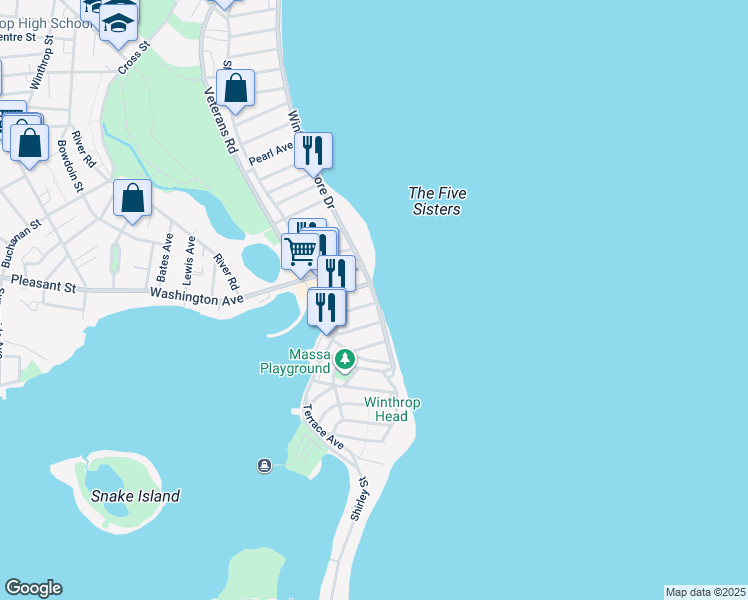 map of restaurants, bars, coffee shops, grocery stores, and more near 44 Winthrop Shore Drive in Winthrop