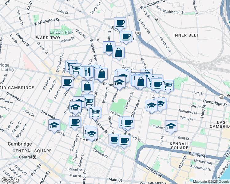 map of restaurants, bars, coffee shops, grocery stores, and more near 84 Willow Street in Cambridge