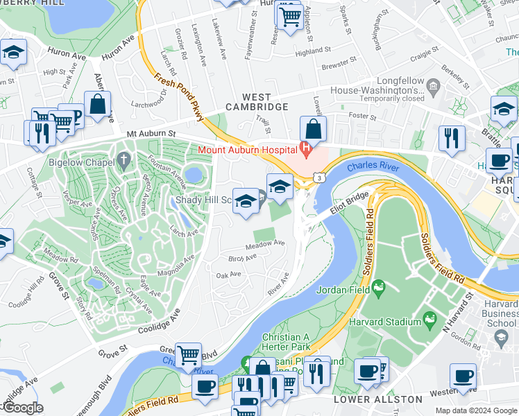 map of restaurants, bars, coffee shops, grocery stores, and more near 178 Coolidge Hill in Cambridge