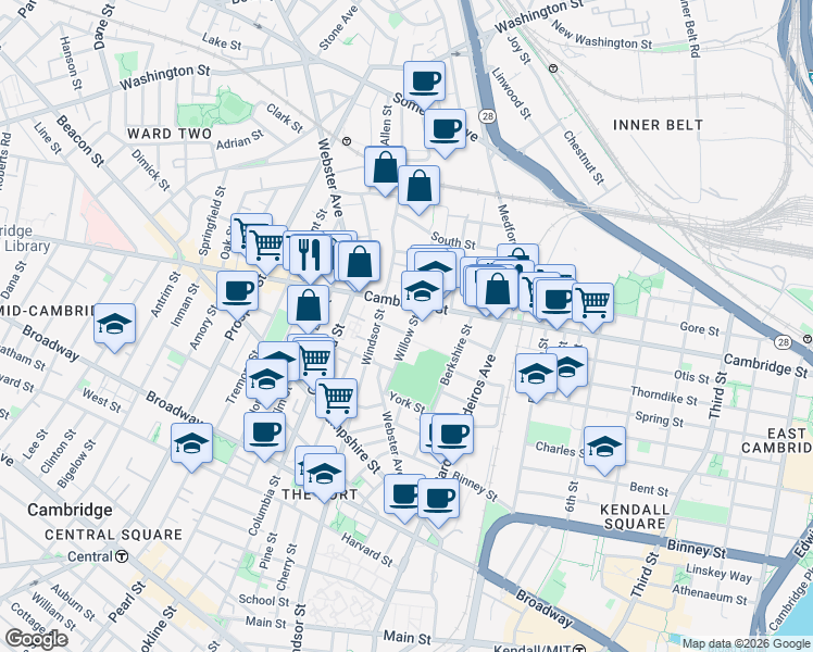 map of restaurants, bars, coffee shops, grocery stores, and more near 3 Palermo Street in Cambridge