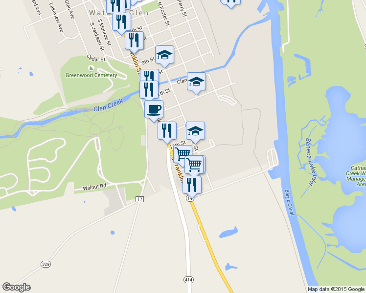 map of restaurants, bars, coffee shops, grocery stores, and more near 105-107 E 15th St in Watkins Glen