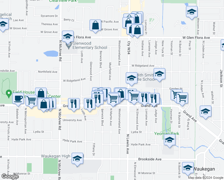 map of restaurants, bars, coffee shops, grocery stores, and more near 815 Muirfield Avenue in Waukegan