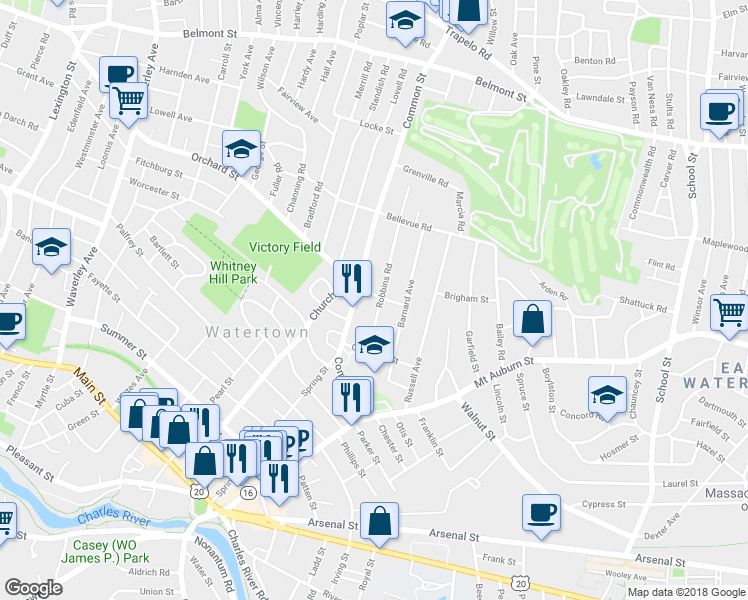 map of restaurants, bars, coffee shops, grocery stores, and more near 4 Orchard Street in Watertown