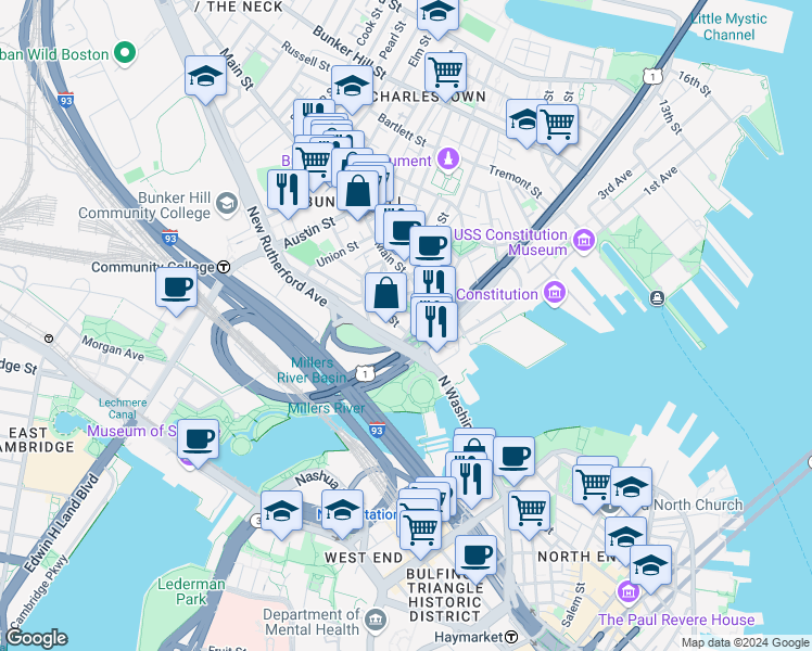 map of restaurants, bars, coffee shops, grocery stores, and more near 1 City Square in Boston