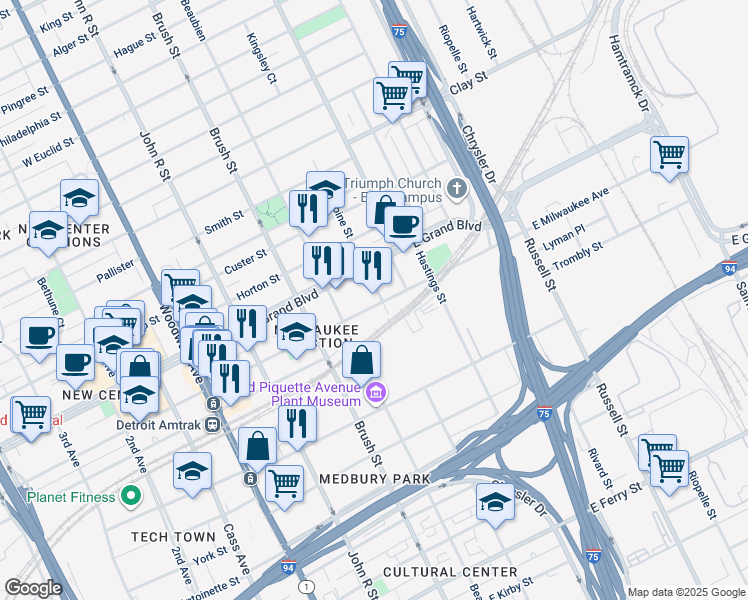 map of restaurants, bars, coffee shops, grocery stores, and more near 575 East Milwaukee Avenue in Detroit