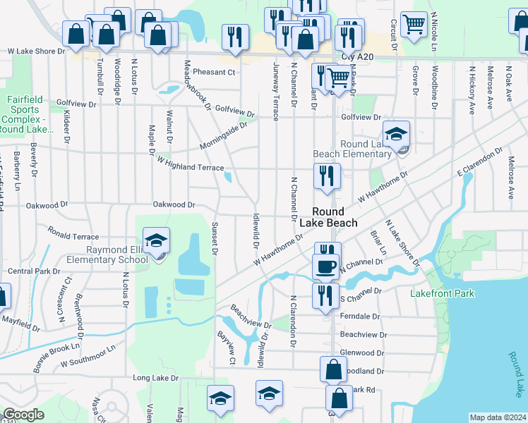 map of restaurants, bars, coffee shops, grocery stores, and more near 424 Oakwood Drive in Round Lake Beach