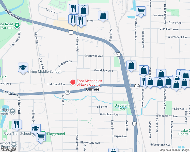 map of restaurants, bars, coffee shops, grocery stores, and more near 830 Blackburn Street in Gurnee