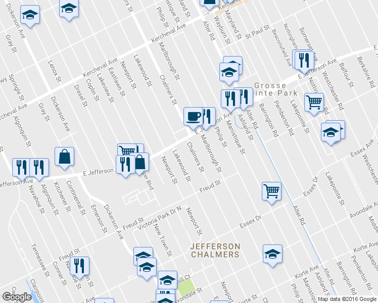 map of restaurants, bars, coffee shops, grocery stores, and more near 881 Chalmers St in Detroit