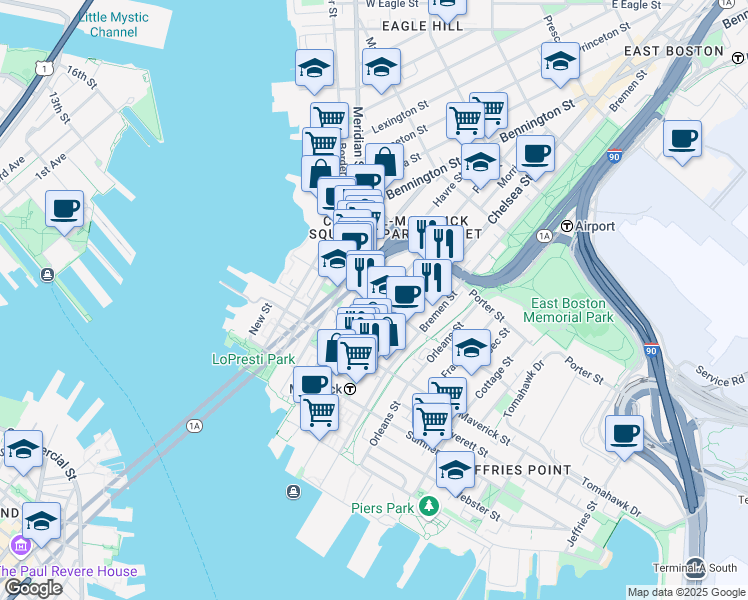 map of restaurants, bars, coffee shops, grocery stores, and more near 86 Paris Street in Boston