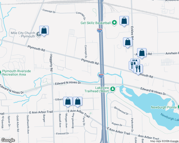 map of restaurants, bars, coffee shops, grocery stores, and more near 40315 Plymouth Road in Plymouth
