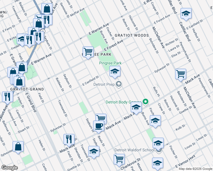 map of restaurants, bars, coffee shops, grocery stores, and more near 4180 Seminole Street in Detroit