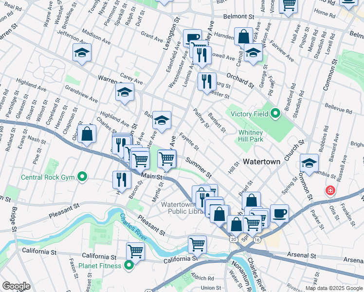 map of restaurants, bars, coffee shops, grocery stores, and more near 62 Forest Street in Watertown