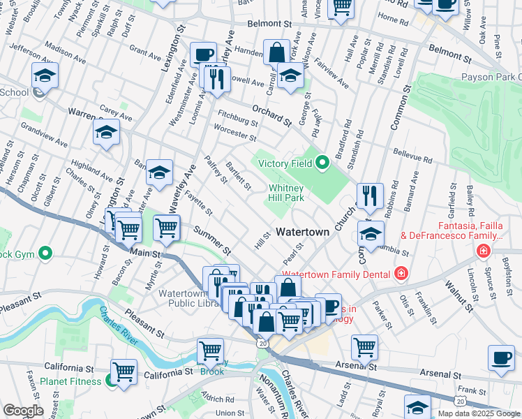 map of restaurants, bars, coffee shops, grocery stores, and more near 173 Palfrey St in Watertown