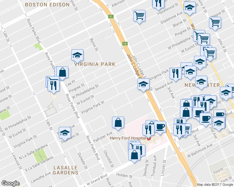map of restaurants, bars, coffee shops, grocery stores, and more near 1406 Virginia Park Street in Detroit