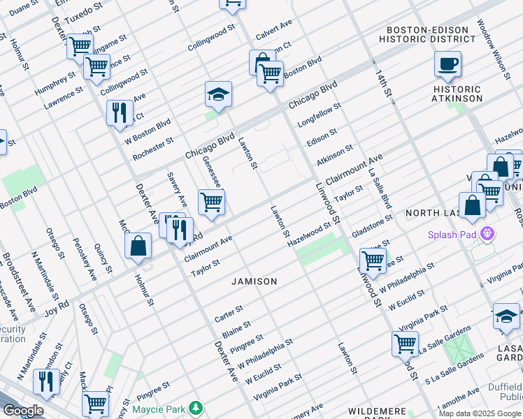 map of restaurants, bars, coffee shops, grocery stores, and more near 2937 Joy Road in Detroit
