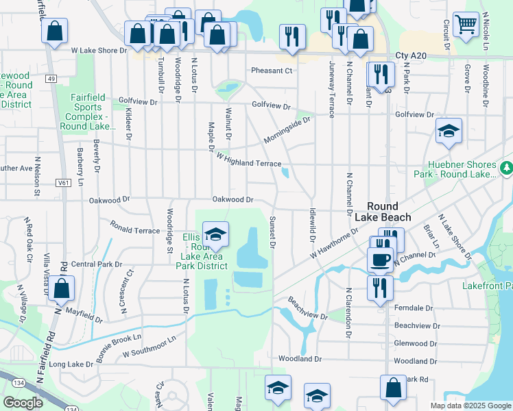 map of restaurants, bars, coffee shops, grocery stores, and more near 615 Oakwood Drive in Round Lake Beach