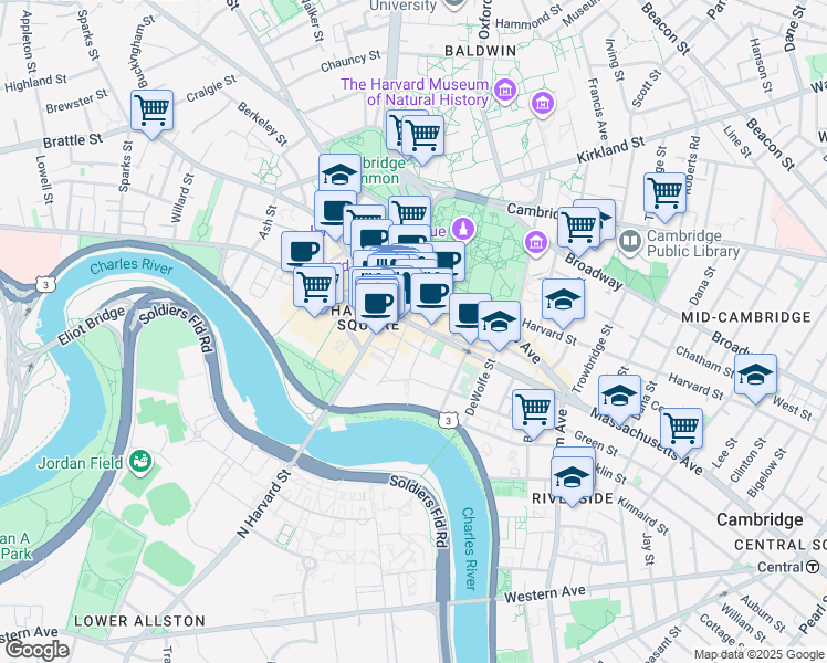 map of restaurants, bars, coffee shops, grocery stores, and more near 78 Mount Auburn Street in Cambridge