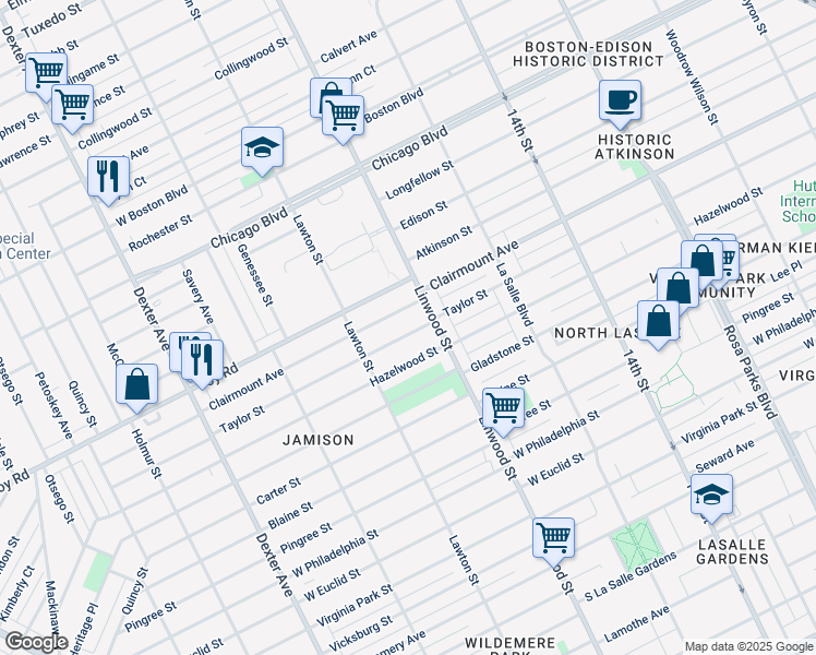 map of restaurants, bars, coffee shops, grocery stores, and more near 2660 Taylor Street in Detroit