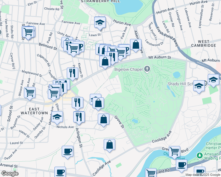 map of restaurants, bars, coffee shops, grocery stores, and more near 8 Cottage Lane in Watertown