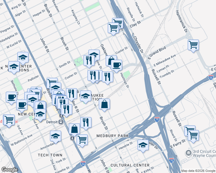 map of restaurants, bars, coffee shops, grocery stores, and more near 575 East Milwaukee Avenue in Detroit
