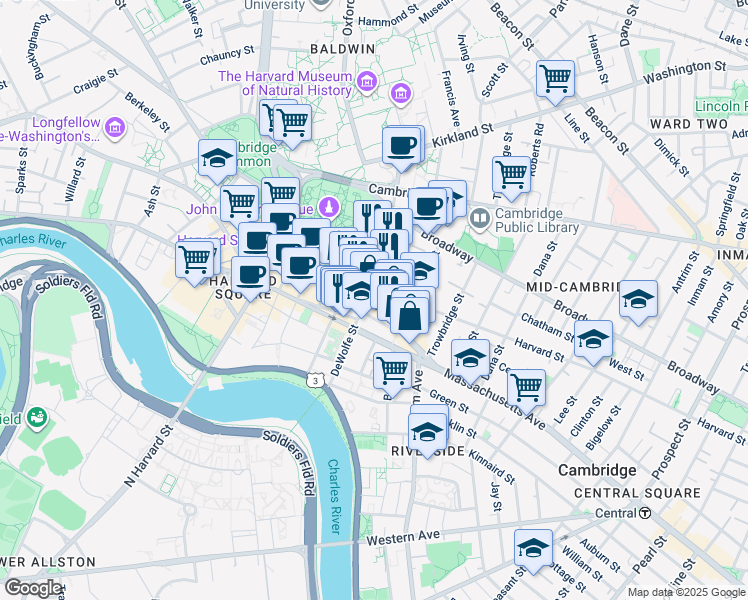 map of restaurants, bars, coffee shops, grocery stores, and more near 1201 Massachusetts Avenue in Cambridge