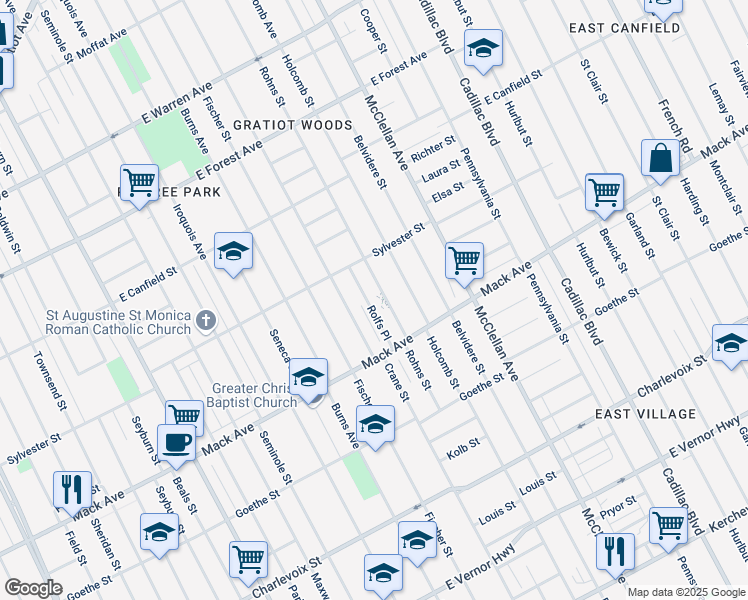 map of restaurants, bars, coffee shops, grocery stores, and more near 3807 Rohns Street in Detroit