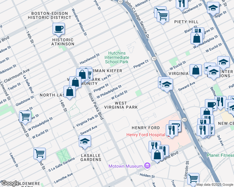 map of restaurants, bars, coffee shops, grocery stores, and more near 1560 West Euclid Street in Detroit