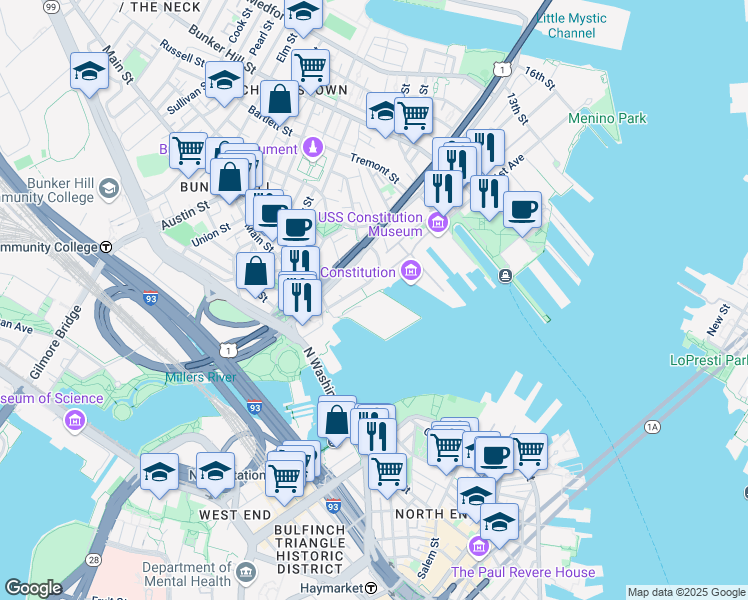 map of restaurants, bars, coffee shops, grocery stores, and more near 1 Constitution Plaza in Boston