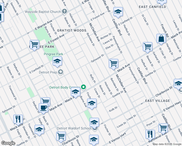 map of restaurants, bars, coffee shops, grocery stores, and more near 3807 Rohns Street in Detroit