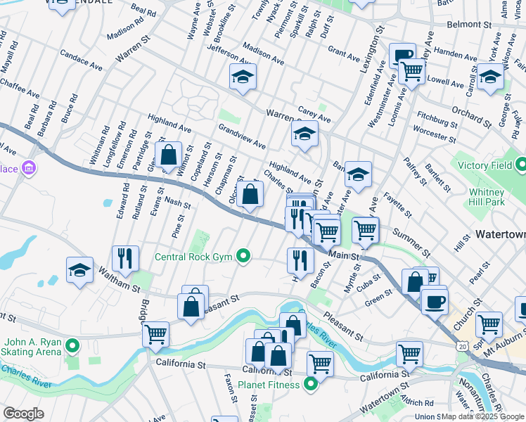 map of restaurants, bars, coffee shops, grocery stores, and more near 9 Prescott Street in Watertown