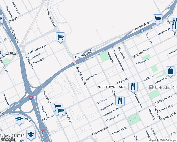 map of restaurants, bars, coffee shops, grocery stores, and more near 5861 Dubois Street in Detroit