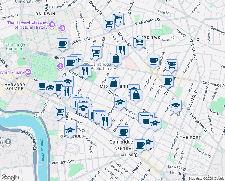 map of restaurants, bars, coffee shops, grocery stores, and more near 395 Broadway in Cambridge