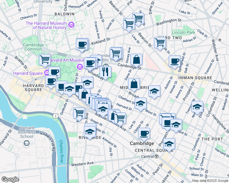 map of restaurants, bars, coffee shops, grocery stores, and more near 43 Dana Street in Cambridge