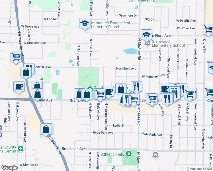 map of restaurants, bars, coffee shops, grocery stores, and more near 2825 West Grandville Avenue in Waukegan
