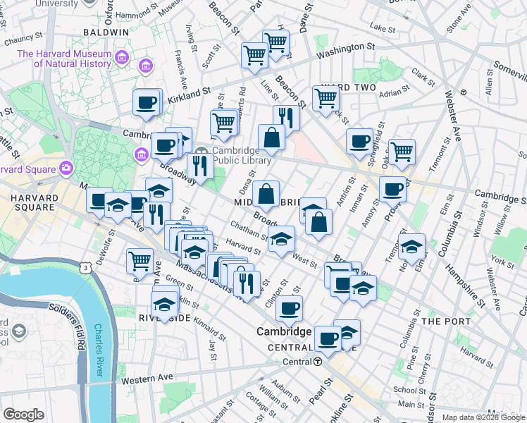 map of restaurants, bars, coffee shops, grocery stores, and more near 399 Broadway in Cambridge
