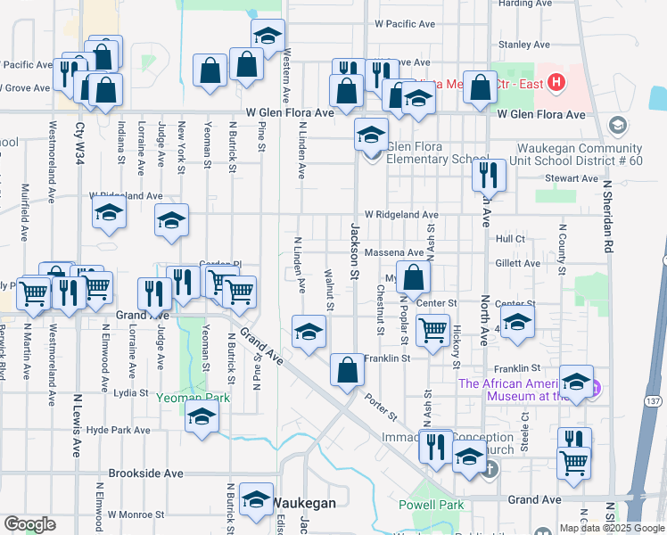 map of restaurants, bars, coffee shops, grocery stores, and more near 771 Walnut Street in Waukegan