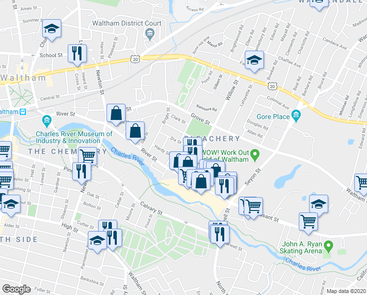 map of restaurants, bars, coffee shops, grocery stores, and more near 32 Dix Street in Waltham