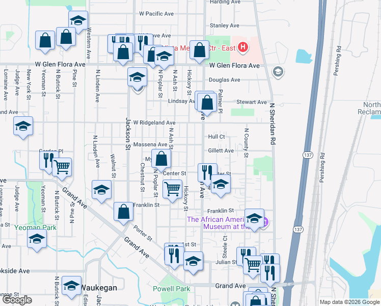 map of restaurants, bars, coffee shops, grocery stores, and more near 837 Hickory Street in Waukegan