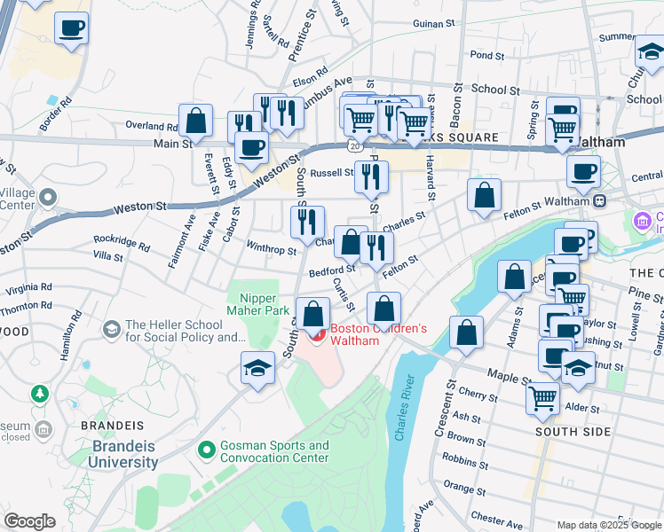 map of restaurants, bars, coffee shops, grocery stores, and more near 43 Bedford Street in Waltham