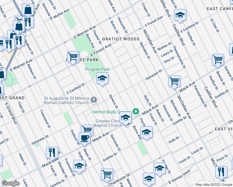 map of restaurants, bars, coffee shops, grocery stores, and more near 4103 Burns Avenue in Detroit