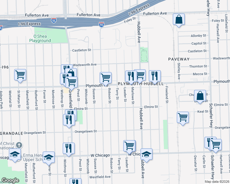 map of restaurants, bars, coffee shops, grocery stores, and more near 11411 Terry Street in Detroit