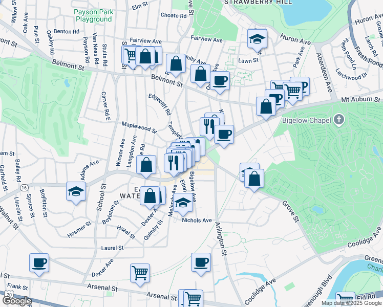 map of restaurants, bars, coffee shops, grocery stores, and more near 22 Kimball Road in Watertown