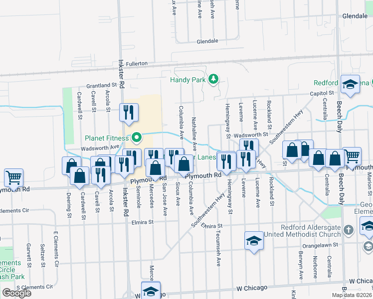 map of restaurants, bars, coffee shops, grocery stores, and more near 11780 Columbia in Redford Charter Township