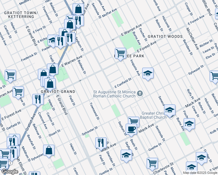 map of restaurants, bars, coffee shops, grocery stores, and more near 4417 Van Dyke Street in Detroit