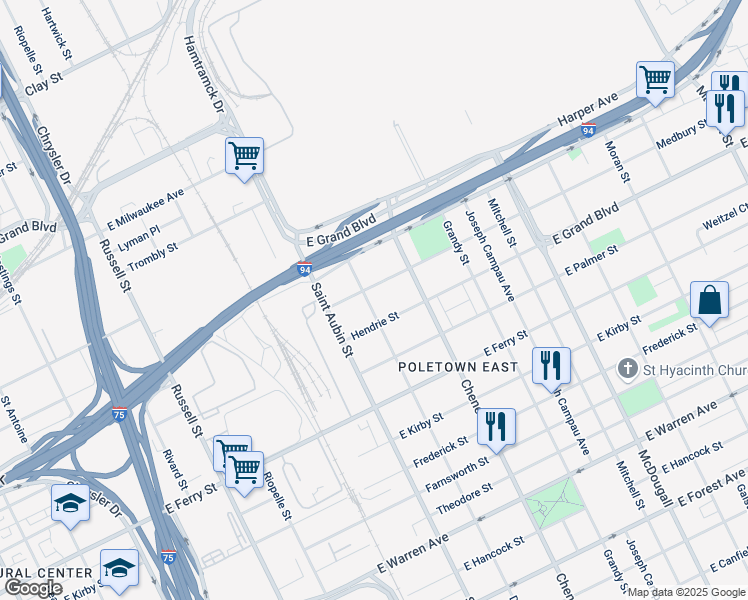 map of restaurants, bars, coffee shops, grocery stores, and more near 5818 Dubois Street in Detroit