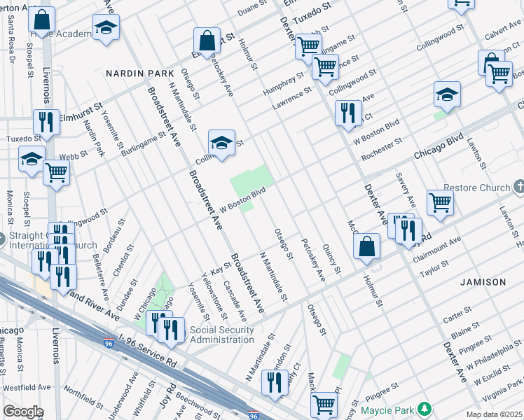 map of restaurants, bars, coffee shops, grocery stores, and more near 9721 Otsego Street in Detroit