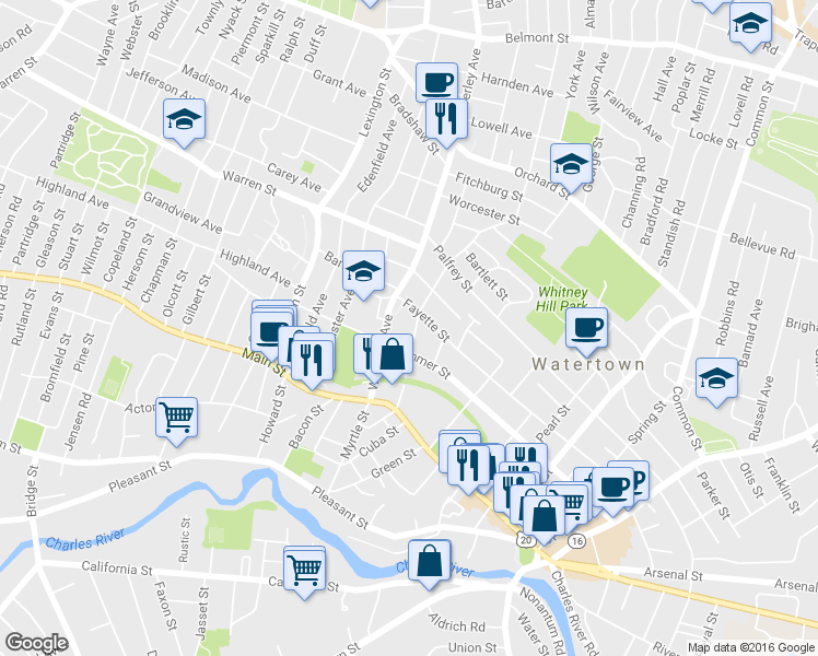 map of restaurants, bars, coffee shops, grocery stores, and more near 62 Forest Street in Watertown