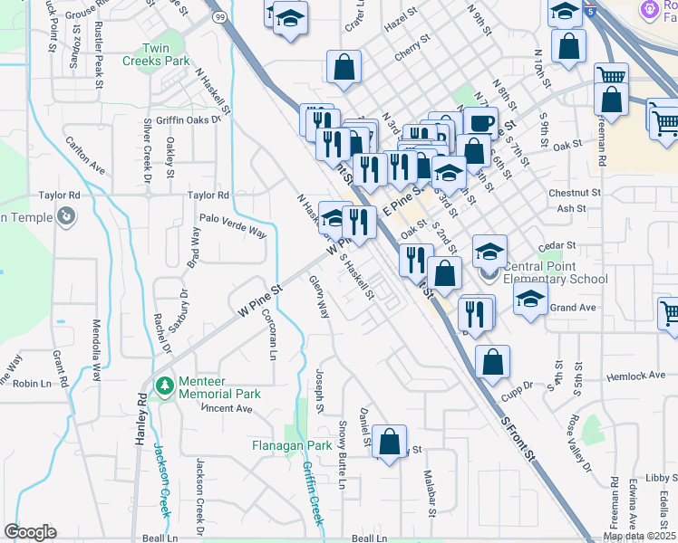 map of restaurants, bars, coffee shops, grocery stores, and more near 56 South Haskell Street in Central Point